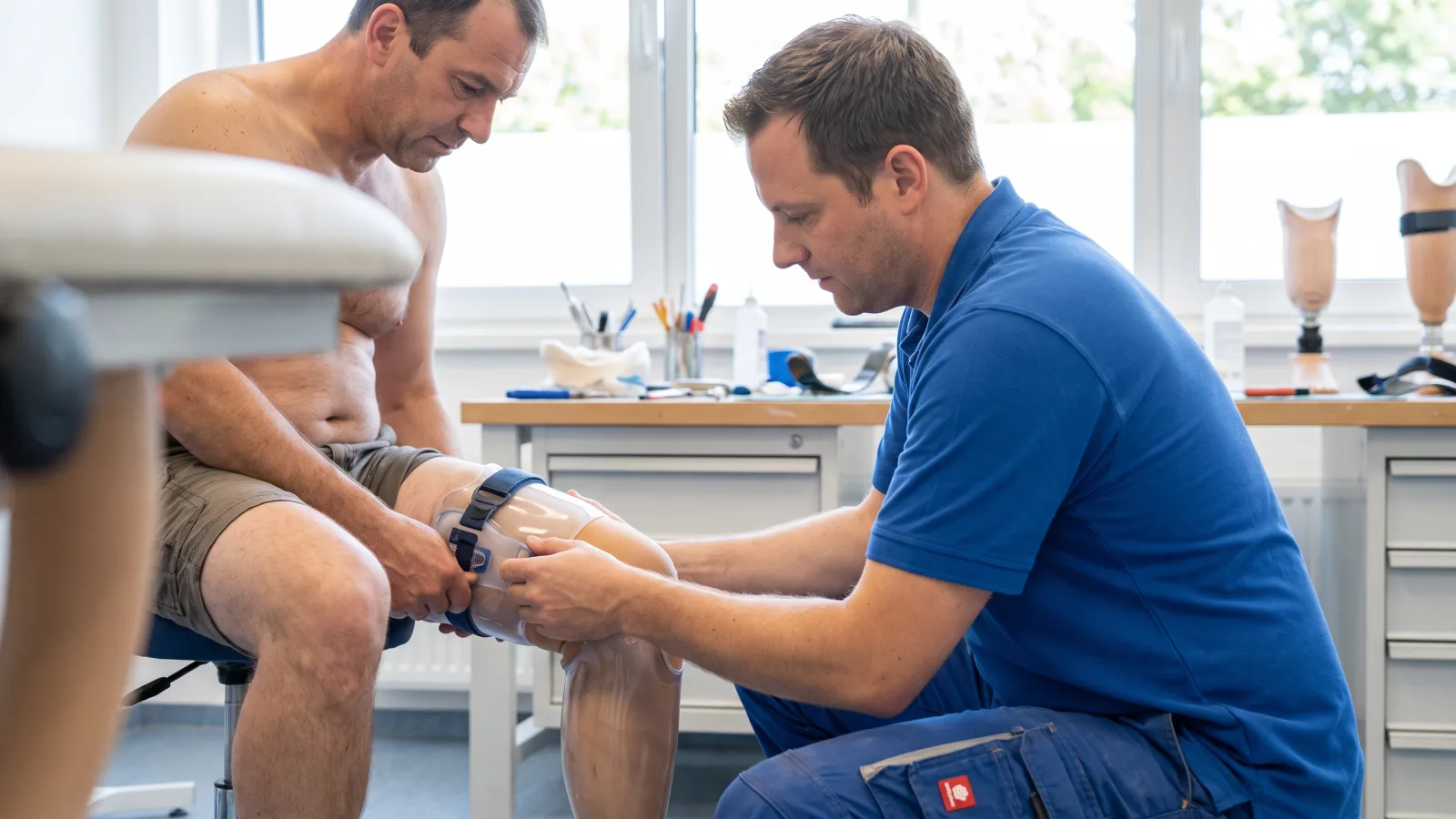 Ein Orthopädietechniker passt einem Patienten eine Oberschenkelprothese kurzer Stumpf im Sanitätshaus an. Oberschenkelprothese kurzer Strumpf.