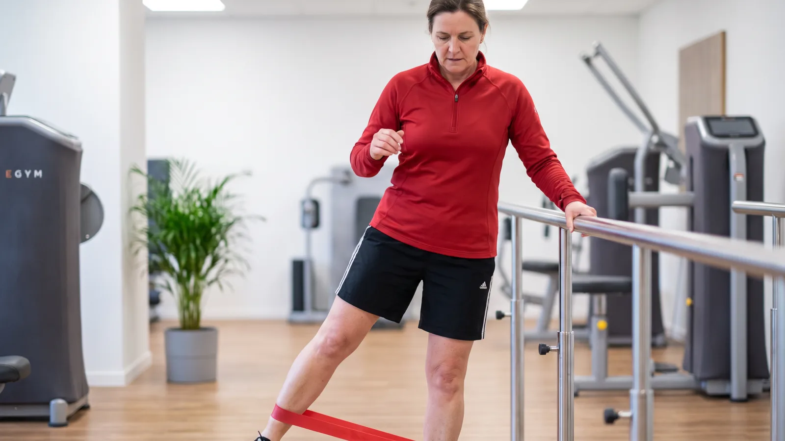 Eine Patientin in rotem Sportoberteil macht Physiotherapie-Übungen mit einem Widerstandsband. Wie lange Physiotherapie nach Schlaganfall?